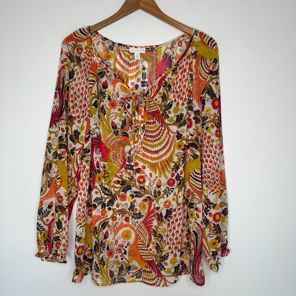Charter Club Chiffon Tunic Blouse XL Bird Floral Print Semi Sheer - Picture 1 of 11